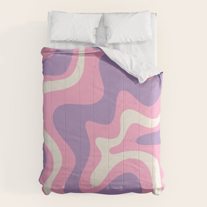 Retro Liquid Swirl Abstract Pattern Pink Purple Cream Comforter Gallery Image 1