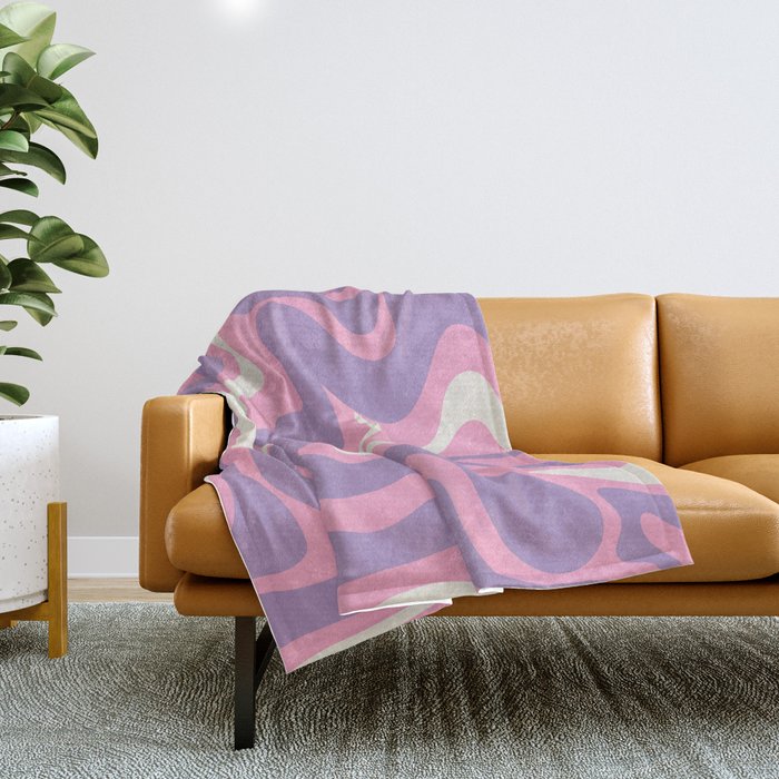 Retro Liquid Swirl Abstract Pattern Pink Purple Cream Throw Blanket Gallery Image 1