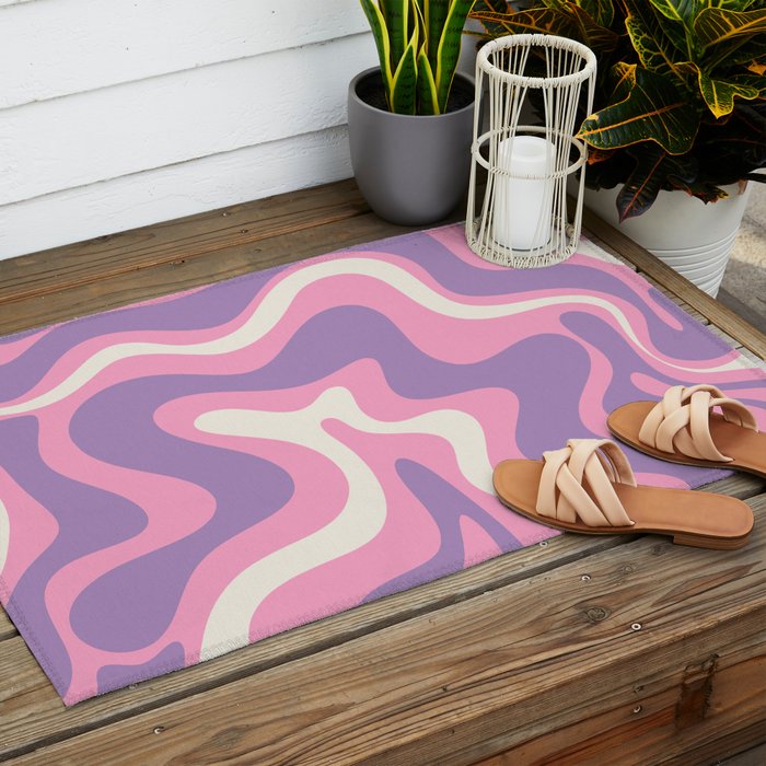 Retro Liquid Swirl Abstract Pattern Pink Purple Cream Outdoor Rug Gallery Image 2
