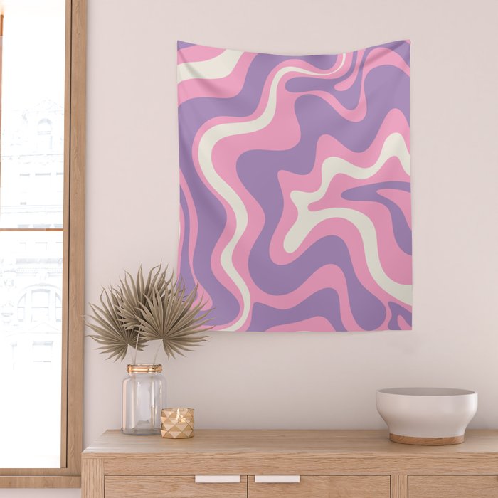 Retro Liquid Swirl Abstract Pattern Pink Purple Cream Wall Tapestry Gallery Image 2
