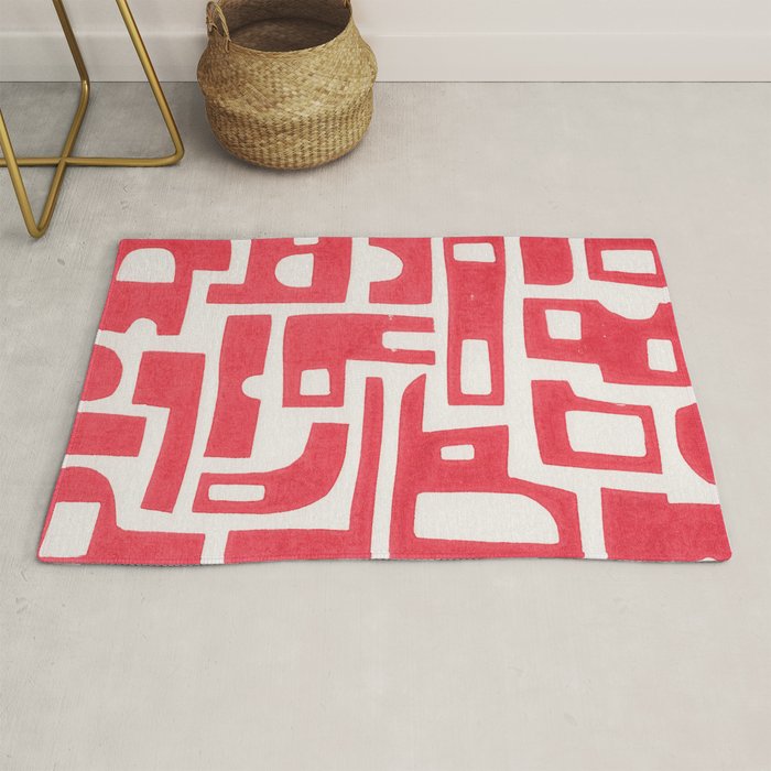 Red Abstract Shapes / Linocut Print Rug Gallery Image 1
