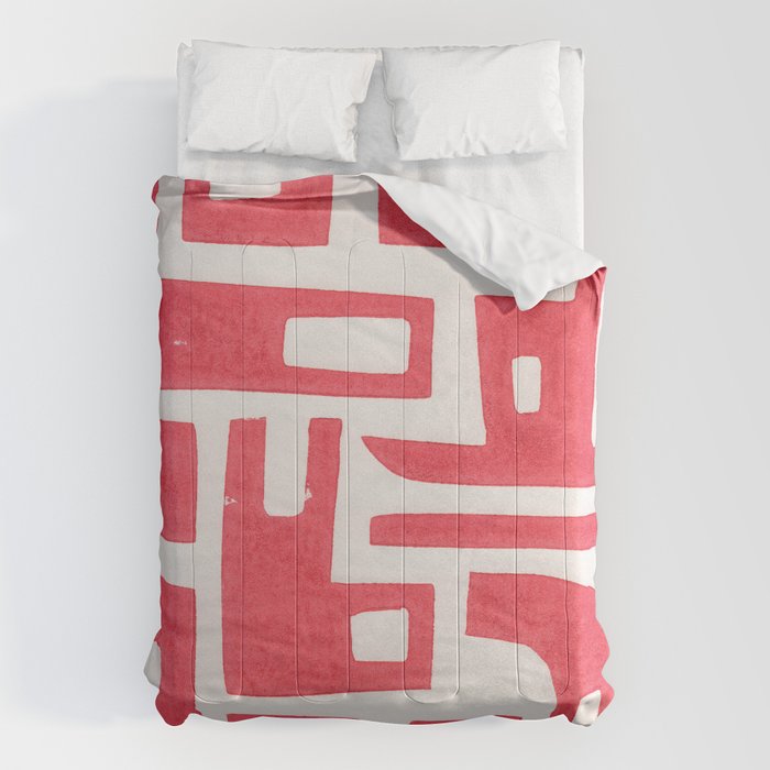 Red Abstract Shapes / Linocut Print Comforter Gallery Image 1
