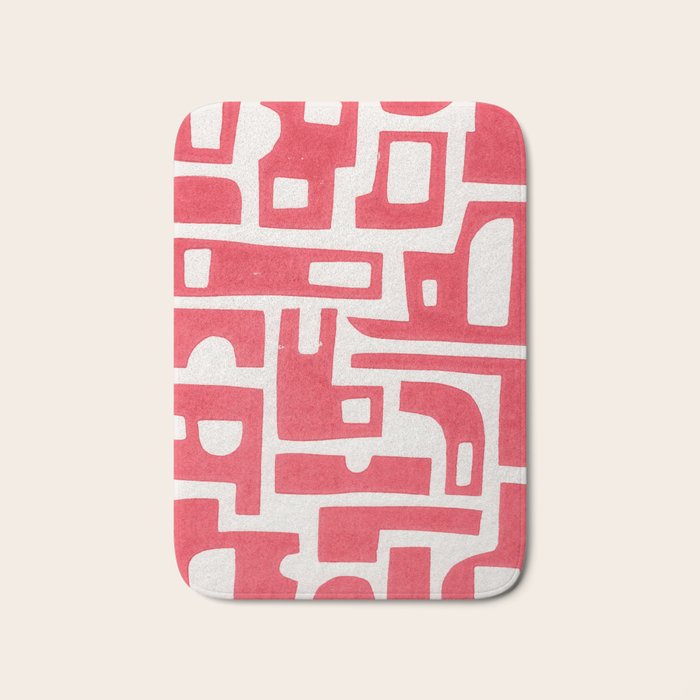 Red Abstract Shapes / Linocut Print Bath Mat Gallery Image 1