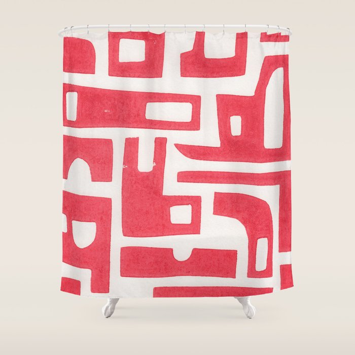 Red Abstract Shapes / Linocut Print Shower Curtain Gallery Image 1