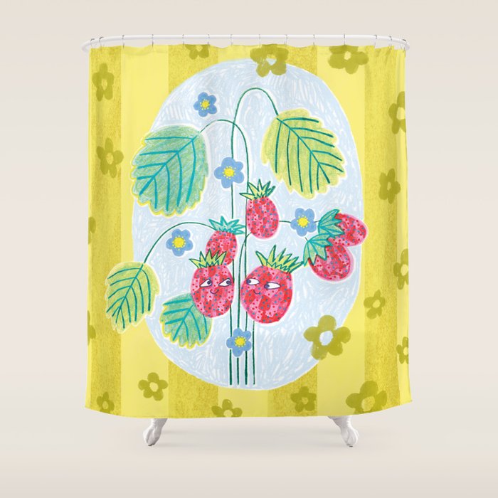 Sweet Strawberry Plant Friends in Yellow & Pink Shower Curtain Gallery Image 1