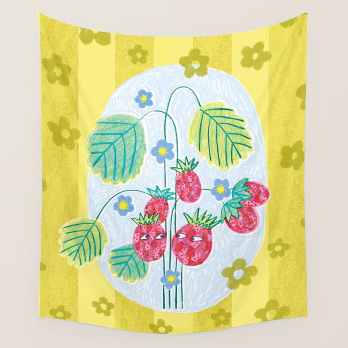 Sweet Strawberry Plant Friends in Yellow & Pink Wall Tapestry Gallery Image 1