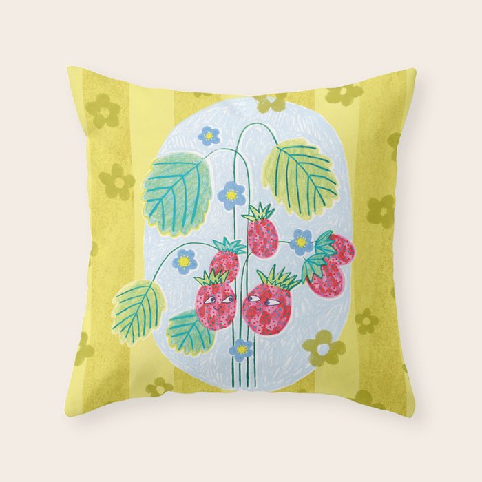 Sweet Strawberry Plant Friends in Yellow & Pink Throw Pillow Gallery Image 1