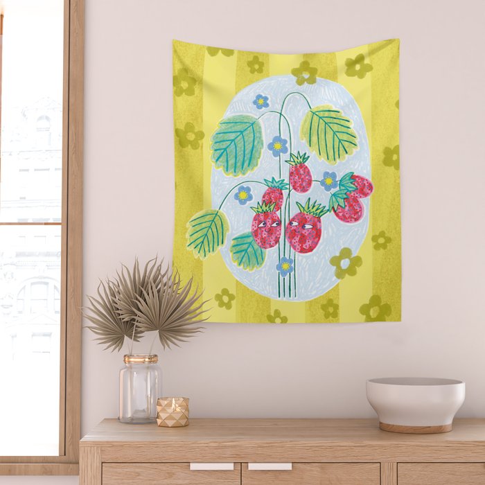 Sweet Strawberry Plant Friends in Yellow & Pink Wall Tapestry Gallery Image 2