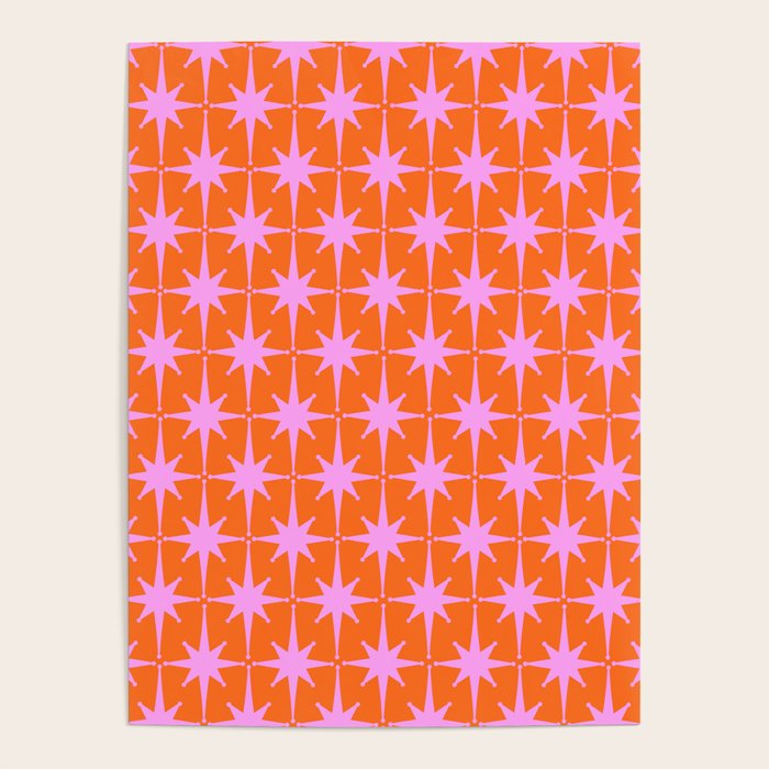 Retro Vintage Starbursts Pattern in Bright Pink Lavender and Orange Poster Gallery Image 1