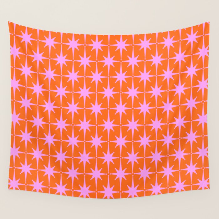 Retro Vintage Starbursts Pattern in Bright Pink Lavender and Orange Wall Tapestry Gallery Image 4