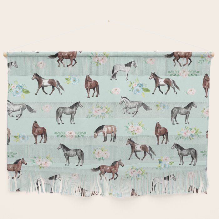Floral Horse Pattern, Flowers and Horses, Hand Painted, Girl's Room, Romantic Blue Floral Wall Hanging Gallery Image 1