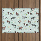 Floral Horse Pattern, Flowers and Horses, Hand Painted, Girl's Room, Romantic Blue Floral Outdoor Rug Gallery Image 1