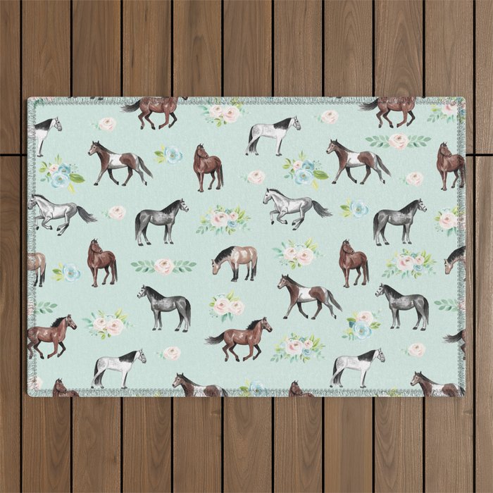 Floral Horse Pattern, Flowers and Horses, Hand Painted, Girl's Room, Romantic Blue Floral Outdoor Rug Gallery Image 1