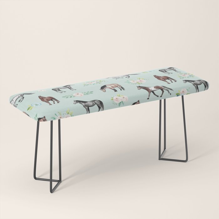 Floral Horse Pattern, Flowers and Horses, Hand Painted, Girl's Room, Romantic Blue Floral Bench Gallery Image 1