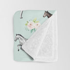 Floral Horse Pattern, Flowers and Horses, Hand Painted, Girl's Room, Romantic Blue Floral Throw Blanket Gallery Image 3
