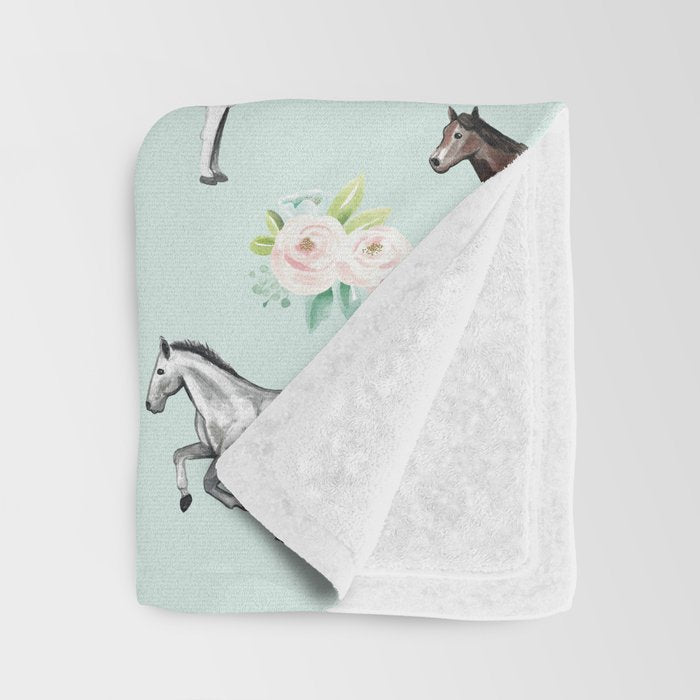 Floral Horse Pattern, Flowers and Horses, Hand Painted, Girl's Room, Romantic Blue Floral Throw Blanket Gallery Image 3