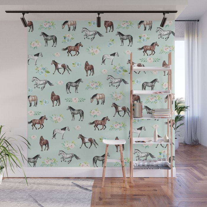 Floral Horse Pattern, Flowers and Horses, Hand Painted, Girl's Room, Romantic Blue Floral Wall Mural Gallery Image 1
