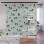 Floral Horse Pattern, Flowers and Horses, Hand Painted, Girl's Room, Romantic Blue Floral Wall Mural Gallery Image 1
