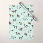 Floral Horse Pattern, Flowers and Horses, Hand Painted, Girl's Room, Romantic Blue Floral Wrapping Paper Gallery Image 1