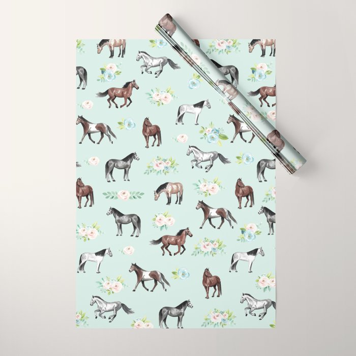 Floral Horse Pattern, Flowers and Horses, Hand Painted, Girl's Room, Romantic Blue Floral Wrapping Paper Gallery Image 1