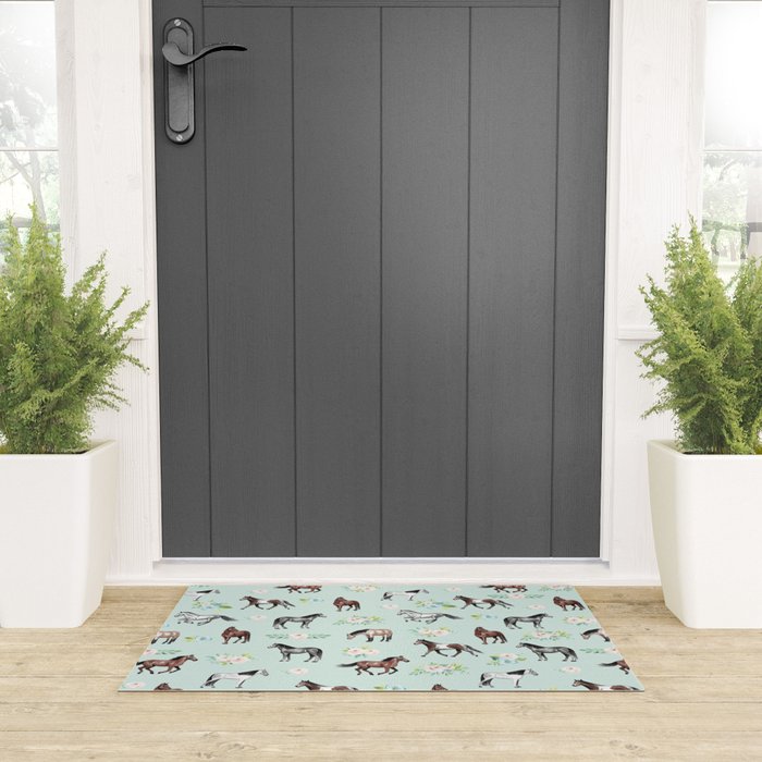 Floral Horse Pattern, Flowers and Horses, Hand Painted, Girl's Room, Romantic Blue Floral Welcome Mat Gallery Image 3