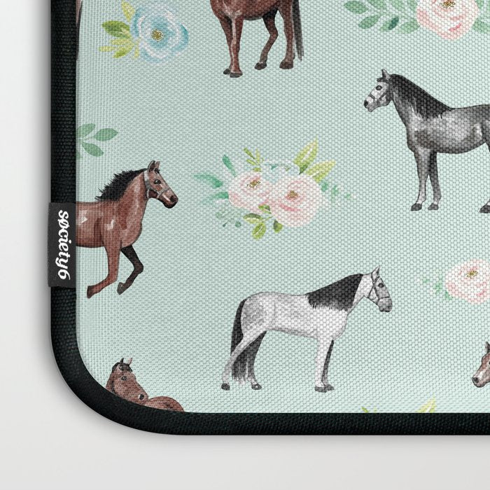Floral Horse Pattern, Flowers and Horses, Hand Painted, Girl's Room, Romantic Blue Floral Laptop Sleeve Gallery Image 3