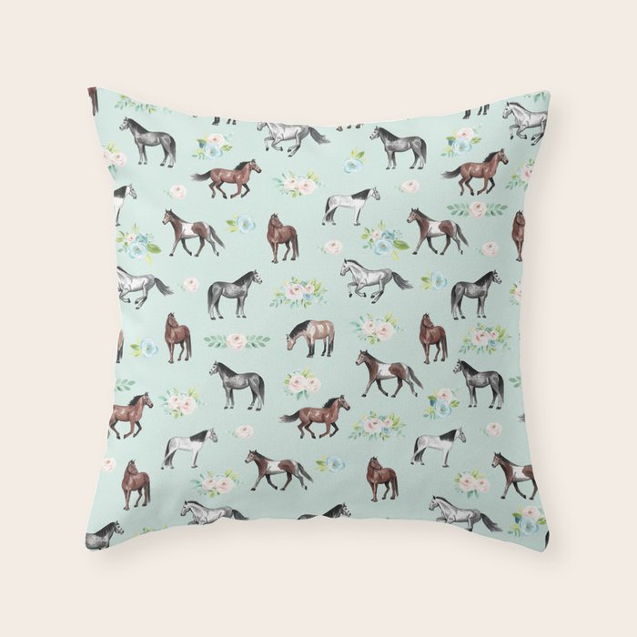Floral Horse Pattern, Flowers and Horses, Hand Painted, Girl's Room, Romantic Blue Floral Throw Pillow Gallery Image 6