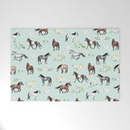 Floral Horse Pattern, Flowers and Horses, Hand Painted, Girl's Room, Romantic Blue Floral Welcome Mat Gallery Image 1