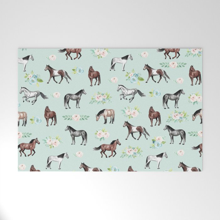 Floral Horse Pattern, Flowers and Horses, Hand Painted, Girl's Room, Romantic Blue Floral Welcome Mat Gallery Image 1