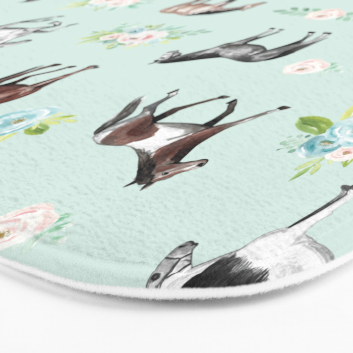 Floral Horse Pattern, Flowers and Horses, Hand Painted, Girl's Room, Romantic Blue Floral Bath Mat Gallery Image 3