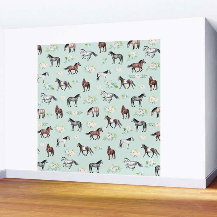 Floral Horse Pattern, Flowers and Horses, Hand Painted, Girl's Room, Romantic Blue Floral Wall Mural Gallery Image 2