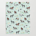 Floral Horse Pattern, Flowers and Horses, Hand Painted, Girl's Room, Romantic Blue Floral Poster Gallery Image 4
