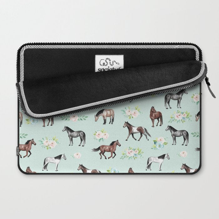 Floral Horse Pattern, Flowers and Horses, Hand Painted, Girl's Room, Romantic Blue Floral Laptop Sleeve Gallery Image 2