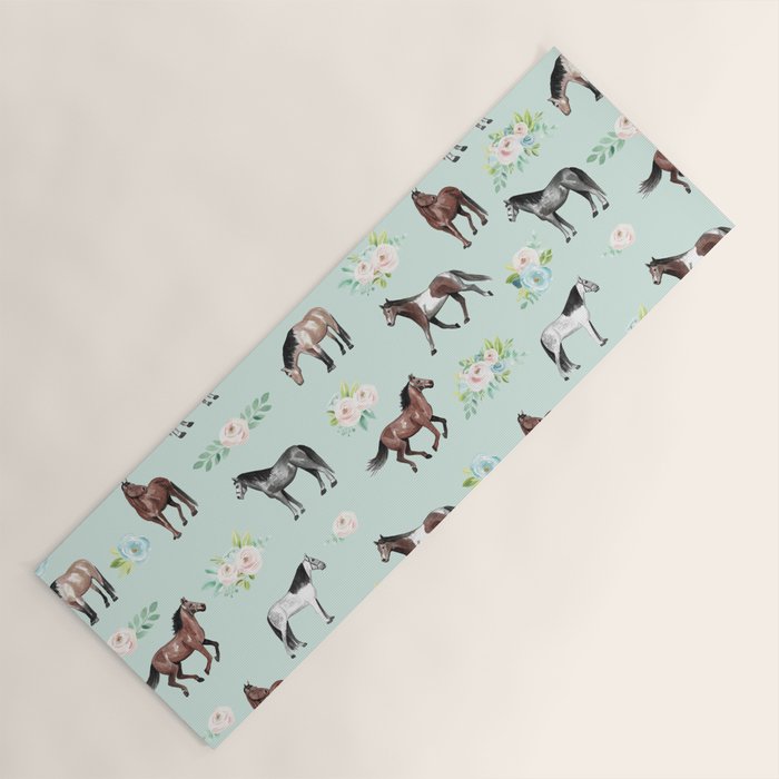 Floral Horse Pattern, Flowers and Horses, Hand Painted, Girl's Room, Romantic Blue Floral Yoga Mat Gallery Image 1