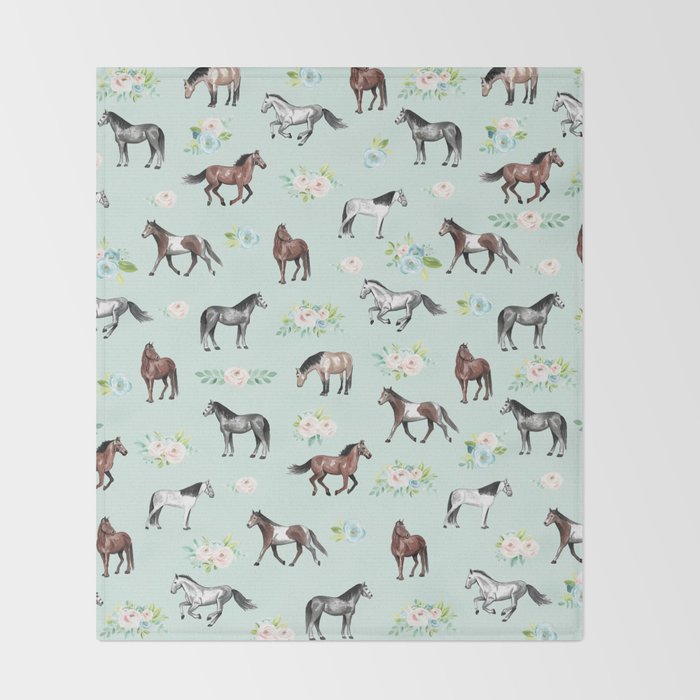 Floral Horse Pattern, Flowers and Horses, Hand Painted, Girl's Room, Romantic Blue Floral Throw Blanket Gallery Image 2