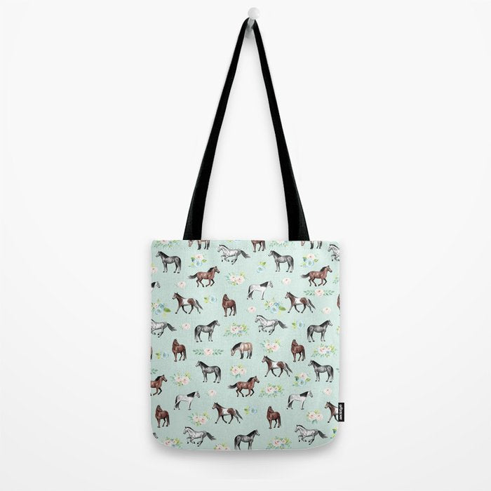 Floral Horse Pattern, Flowers and Horses, Hand Painted, Girl's Room, Romantic Blue Floral Tote Bag Gallery Image 2
