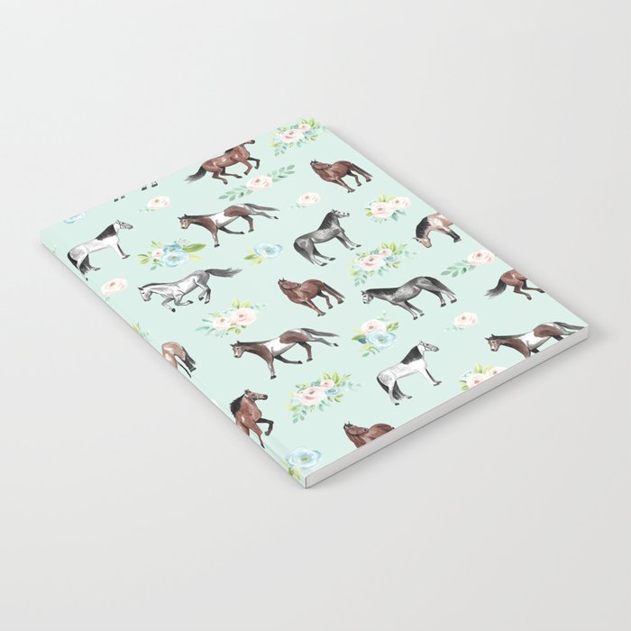 Floral Horse Pattern, Flowers and Horses, Hand Painted, Girl's Room, Romantic Blue Floral Notebook Gallery Image 2