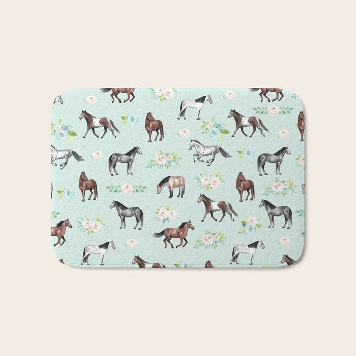 Floral Horse Pattern, Flowers and Horses, Hand Painted, Girl's Room, Romantic Blue Floral Bath Mat Gallery Image 1
