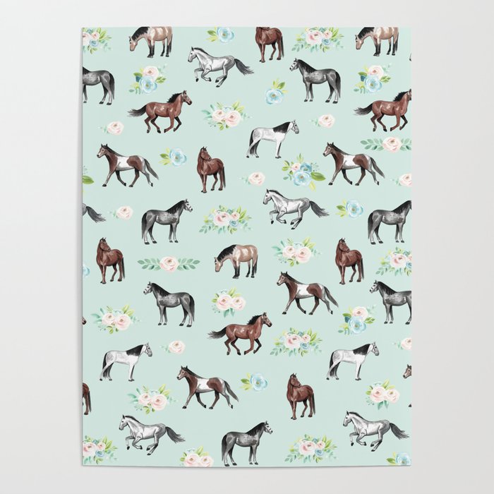 Floral Horse Pattern, Flowers and Horses, Hand Painted, Girl's Room, Romantic Blue Floral Poster Gallery Image 1