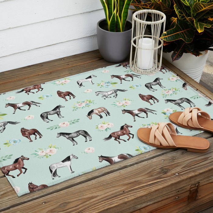 Floral Horse Pattern, Flowers and Horses, Hand Painted, Girl's Room, Romantic Blue Floral Outdoor Rug Gallery Image 2