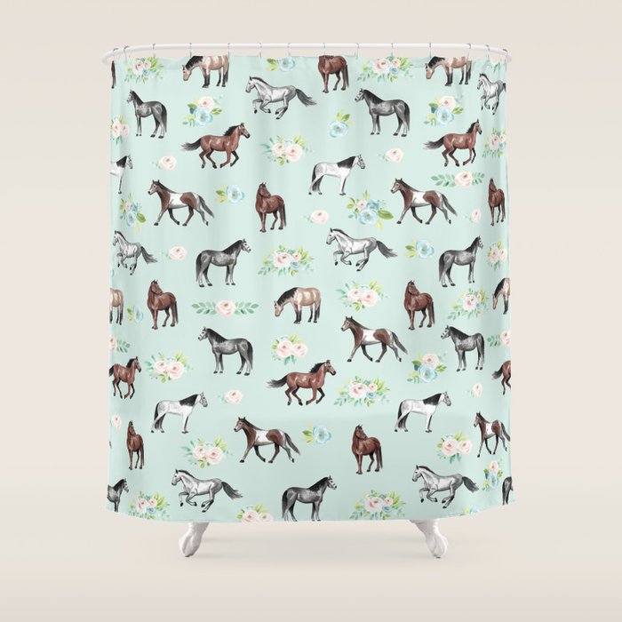 Floral Horse Pattern, Flowers and Horses, Hand Painted, Girl's Room, Romantic Blue Floral Shower Curtain Gallery Image 1