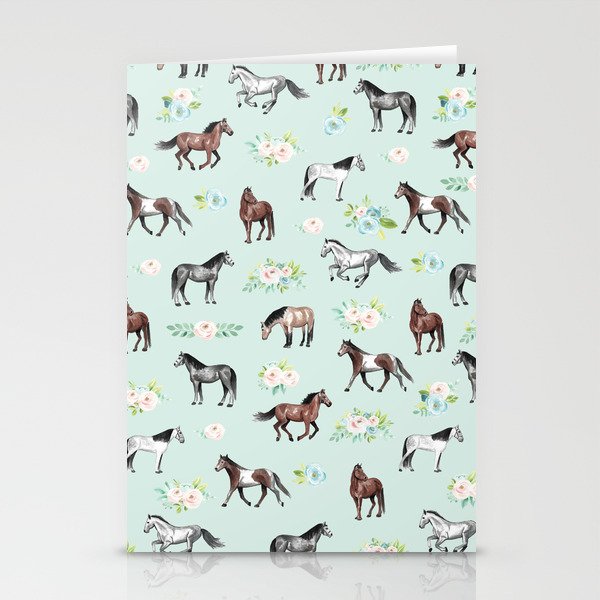 Floral Horse Pattern, Flowers and Horses, Hand Painted, Girl's Room, Romantic Blue Floral Stationery Card Gallery Image 2