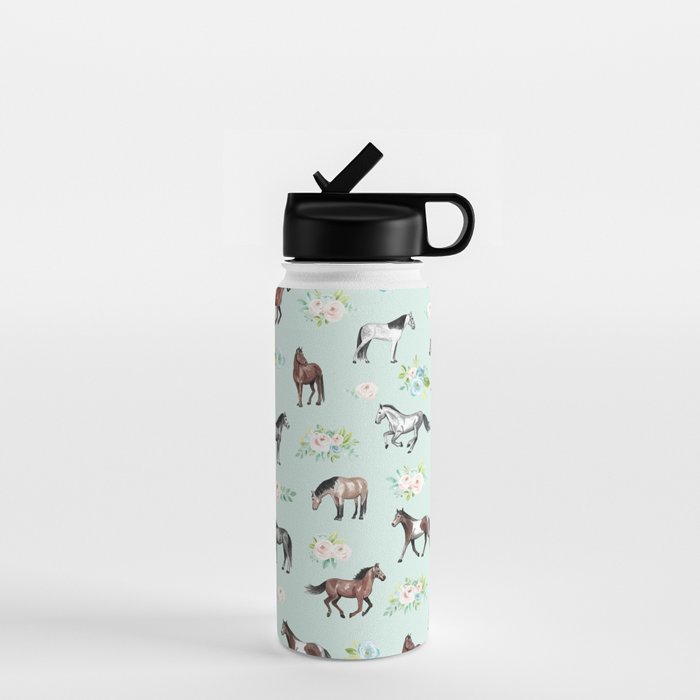 Floral Horse Pattern, Flowers and Horses, Hand Painted, Girl's Room, Romantic Blue Floral Water Bottle Gallery Image 1