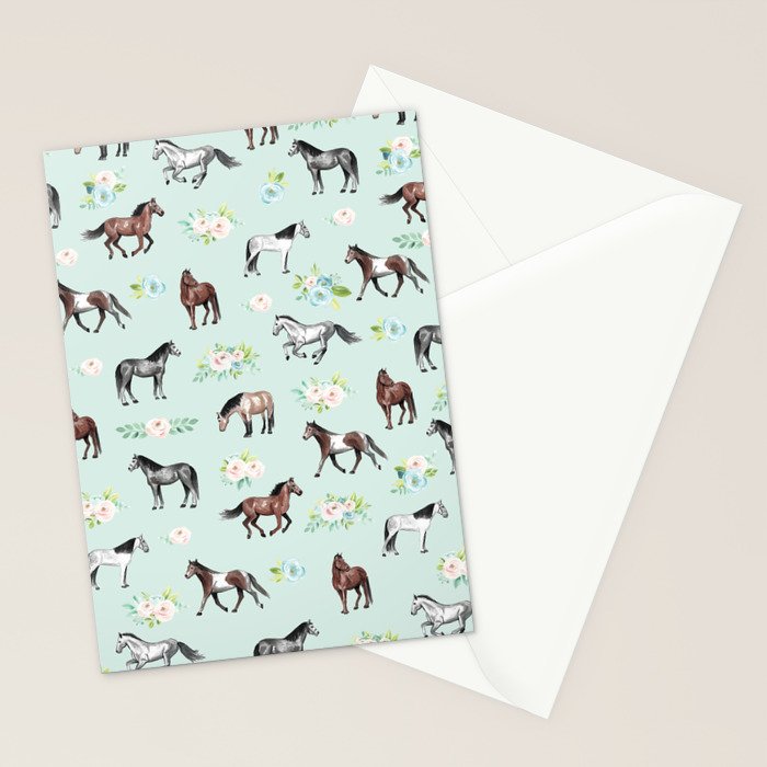 Floral Horse Pattern, Flowers and Horses, Hand Painted, Girl's Room, Romantic Blue Floral Stationery Card Gallery Image 2