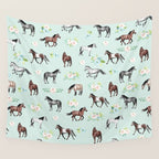 Floral Horse Pattern, Flowers and Horses, Hand Painted, Girl's Room, Romantic Blue Floral Wall Tapestry Gallery Image 4