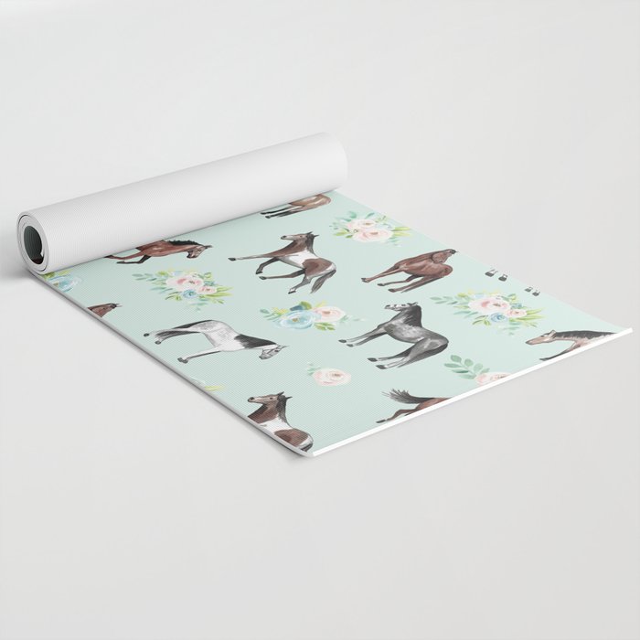 Floral Horse Pattern, Flowers and Horses, Hand Painted, Girl's Room, Romantic Blue Floral Yoga Mat Gallery Image 2