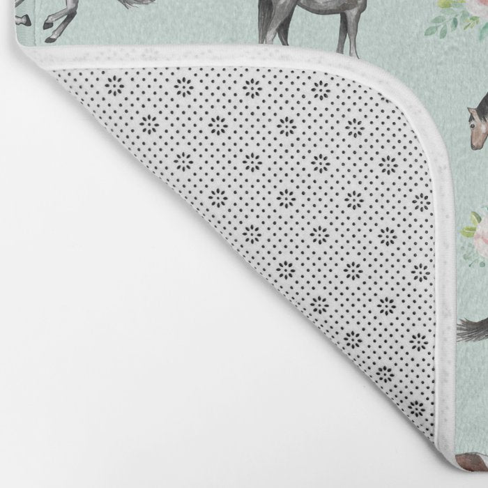 Floral Horse Pattern, Flowers and Horses, Hand Painted, Girl's Room, Romantic Blue Floral Bath Mat Gallery Image 2
