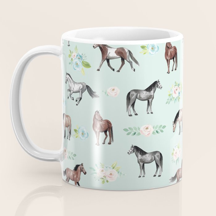 Floral Horse Pattern, Flowers and Horses, Hand Painted, Girl's Room, Romantic Blue Floral Coffee Mug Gallery Image 3