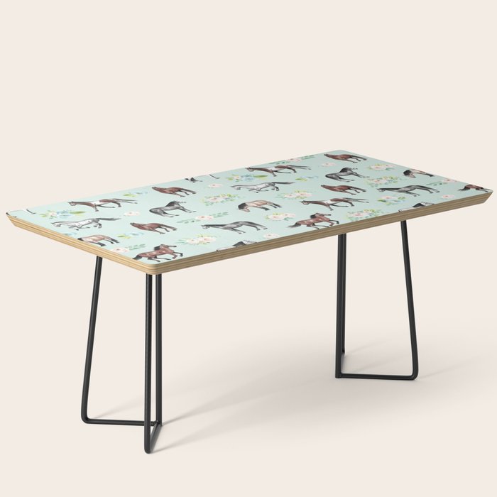Floral Horse Pattern, Flowers and Horses, Hand Painted, Girl's Room, Romantic Blue Floral Coffee Table Gallery Image 1