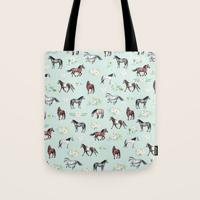 Floral Horse Pattern, Flowers and Horses, Hand Painted, Girl's Room, Romantic Blue Floral Tote Bag Gallery Image 1